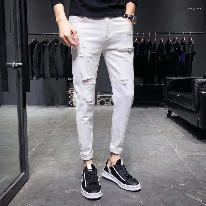 Jeansstil för män Vit Slim Fit Ripped Mode Stretch Fritid Skinny Herr Pencil Byxor Bomull Denim Byxor Herr