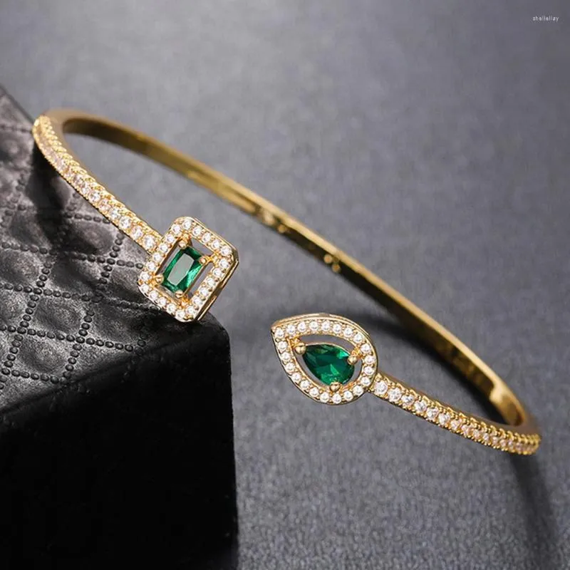 Bracelets porte-bonheur vert goutte d'eau/carré Zircon alliage Bracelet ouvert luxe cristal Boutique tempérament mode féminine