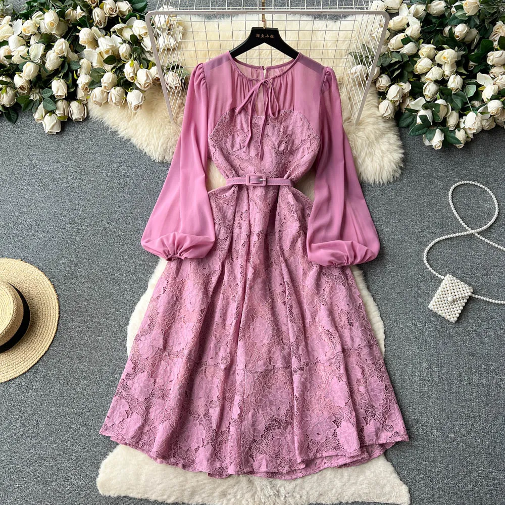 Vestidos casuais nova moda manga longa renda patchwork vestido linha A para verão feminino coreano fino roupas de festa Vestidos De Verano Mujer 2023