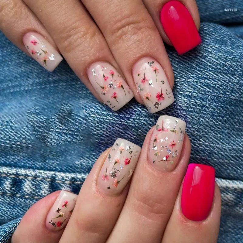 Uñas postizas 24 piezas Ins flores frescas uñas falsas chica dama dulce estilo coreano punta desmontable parche artificial