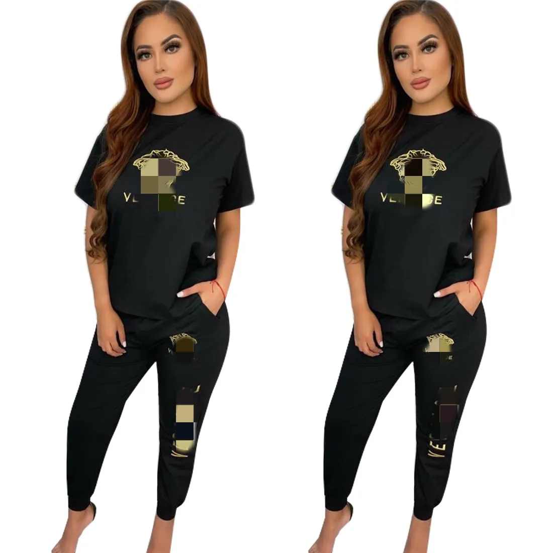 Embroidery Tracksuits Black Outfits Women Casual T-shirt and Sweatpants 2Pcs Set Free Ship
