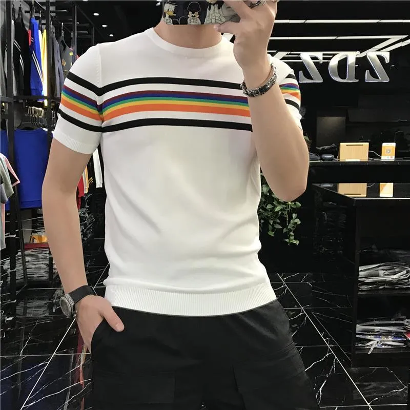 Pants 2022 Summer Men Stretched Tee Shirt Patchwork Color Stripe Knitted T Shirt Homme Short Sleeve Oneck Casual Tshirt Streetwears