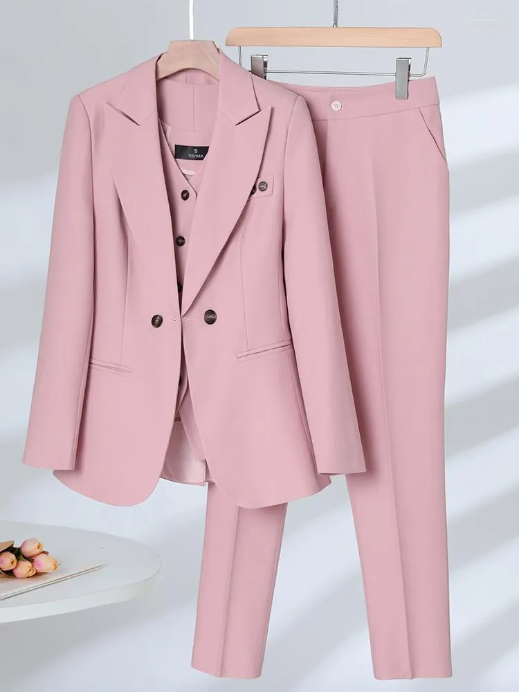 Pantalones de dos piezas para mujer, conjunto de 3 piezas de moda para mujer, chaqueta Formal, chaleco y pantalón, elegante azul marino, rosa, albaricoque, oficina, trabajo de negocios para mujer