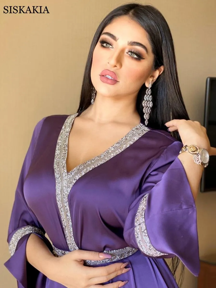 Garnitury Siskakia satyna maxi sukienka dla kobiet Turcja arabska diament v szyja długi rękaw Jalabiya muzułmańska islamska impreza etniczna Abaya Fall New