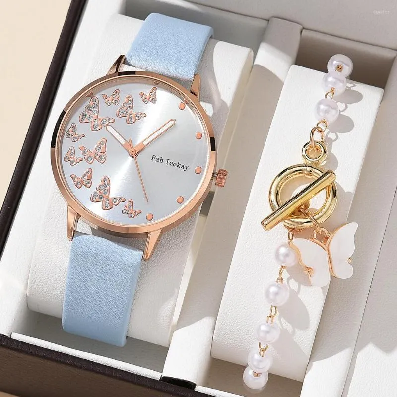 Relógios de pulso SMVPFashion Relógios Femininos Conjunto de Pulseiras Delicado Borboleta Mostrador Couro Quartzo Relógio de Pulso Relógio Montre Femme Relojes (SEM CAIXA)