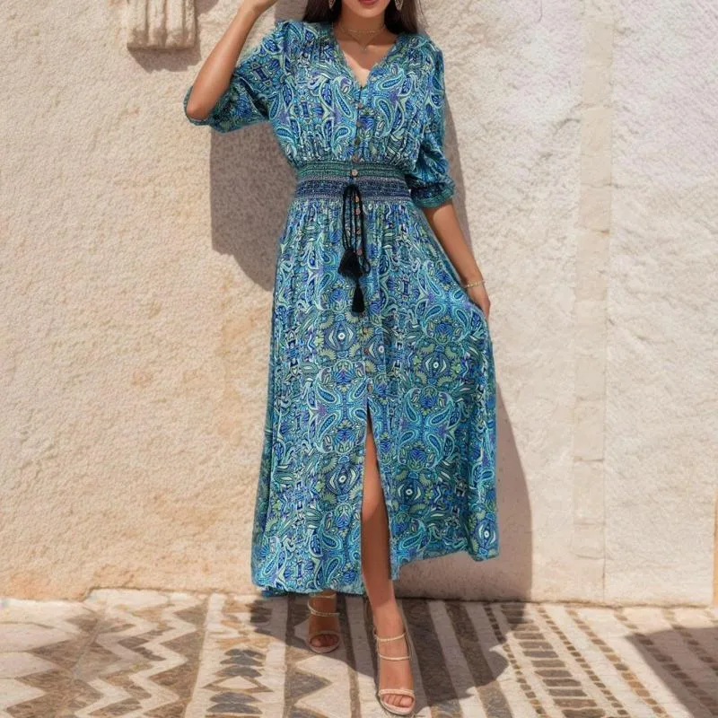 Robes décontractées élégantes col en V demi-manches longue robe de plage motif féminin imprimer une ligne fête taille haute bouton fendu Boho robe d'été