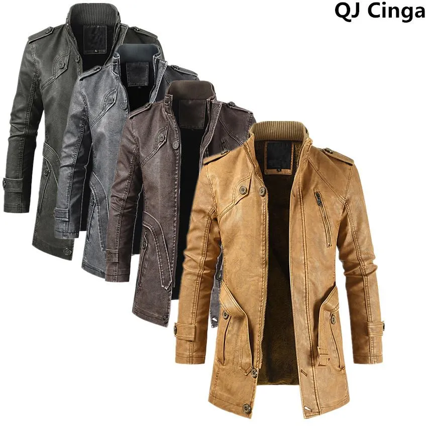 Jeans inverno masculino grosso velo jaqueta de couro casaco longo outwear moda quente casual vintage roupas para homens steampunk biker jaqueta