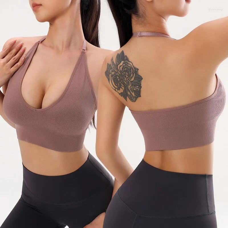 Roupa de ioga Sutiã esportivo sexy em V profundo feminino Pendurado pescoço ajustável Beauty Back Casual Underlay respirável Open Crop Top