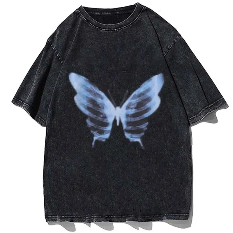 Herren-T-Shirts, Gothic-T-Shirts, Männer, blaues Schmetterlingsskelett, bedruckt, gewaschene Baumwolle, Vintage-Kurzarm, übergroße Hiphop-Streetwear-T-Shirts 230707