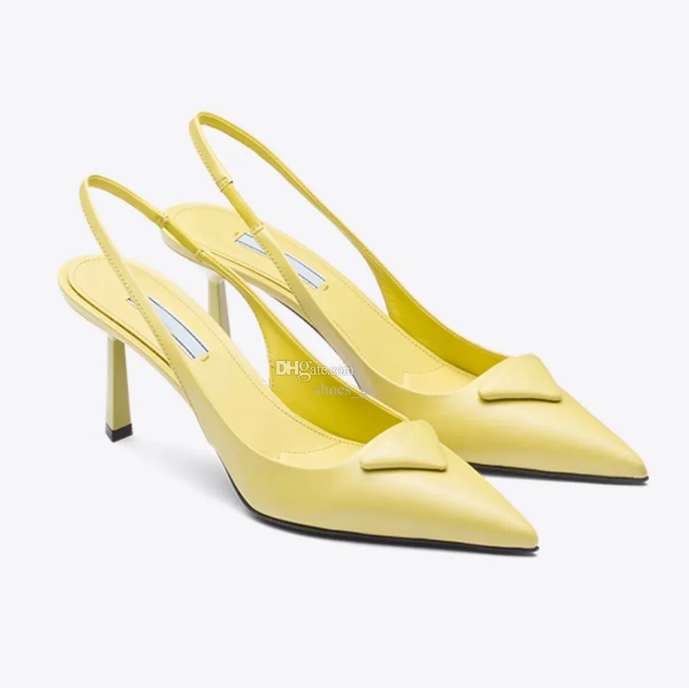 Gelbe polnische Leder-Slingback-Pumps, gepolsterte Abend-Sandalen mit spitzer Zehenpartie, 75 mm, Damen-Absatz, Designer-Kleiderschuh, Fabrikschuhe, Größe 35–43