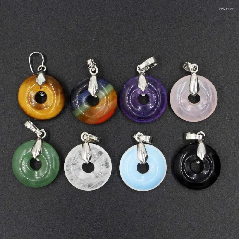 Pendant Necklaces 12pcs/lot 20mm Natural Stone Donuts Pendants Quartz Crystal Necklace Healing Energy Pendulum Bulk Wholesales