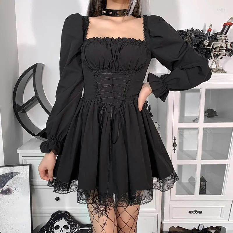 Casual Dresses Y2K Sexy Black Lace Up Mini Dress Vintage Aesthetic Long Puff Sleeve Trim Party Gothic Harajuku Fairy Grunge