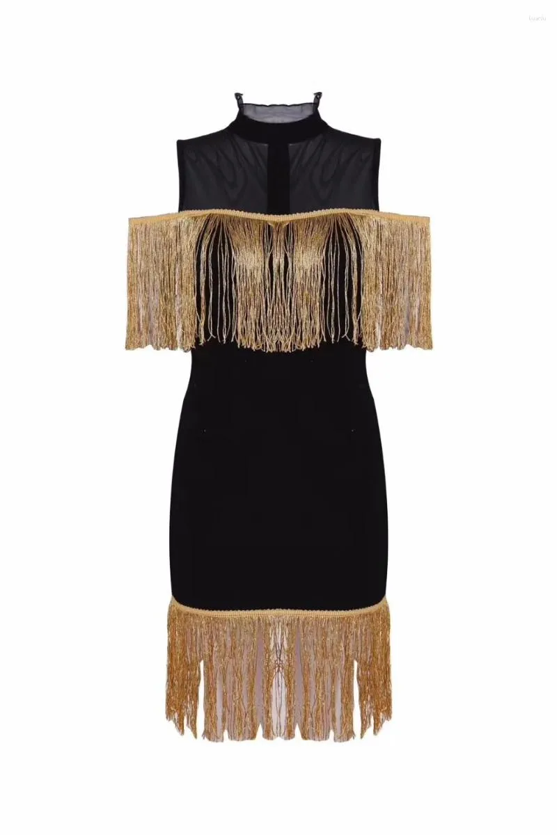 black gold bandage dress Chiara Long Sleeve Gold Bead Bandage Midi Dress In Black L