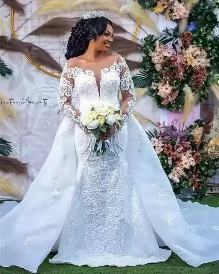 Lindo vestido de sereia de renda branca africana mangas compridas colher pescoço vestidos de noiva destacável trem igreja noiva vestidos de casamento plus size robe de