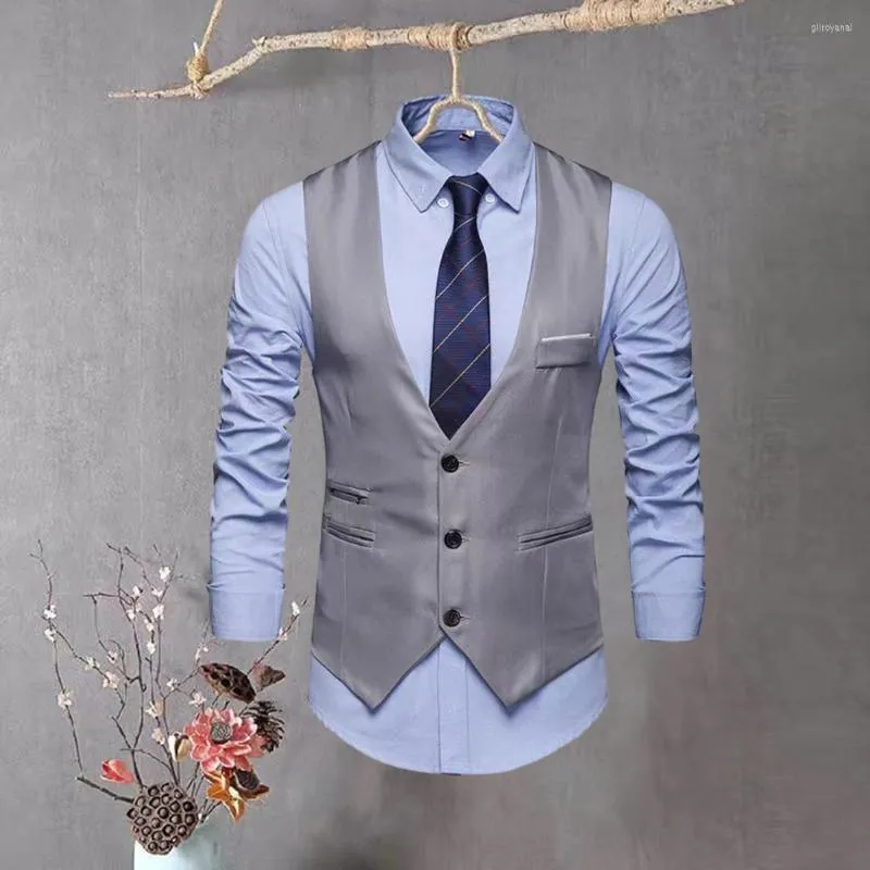Men s Single Breasted Vest Business Waistcoat Low Cut V Neck Solid Color Patch Pockets Buttons Formal Vest