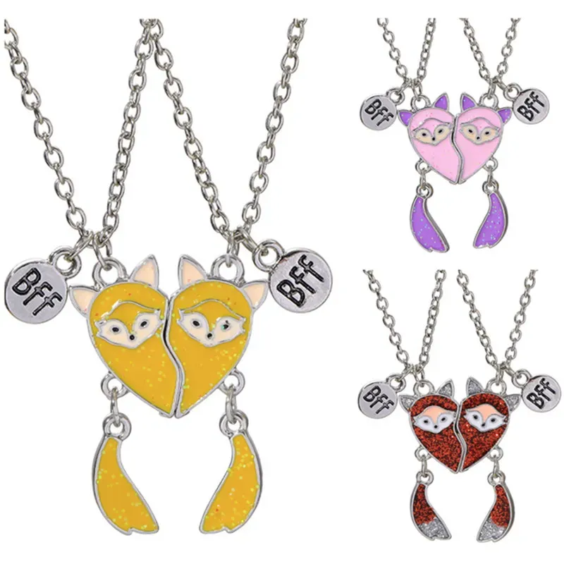 2 stks/set Leuke Gele Rode Vos Dier Hangers Designer Ketting voor Kinderen Verzilverd Schakelketting Choker Legering BFF Beste Vriend Kettingen Mode-sieraden Cadeau