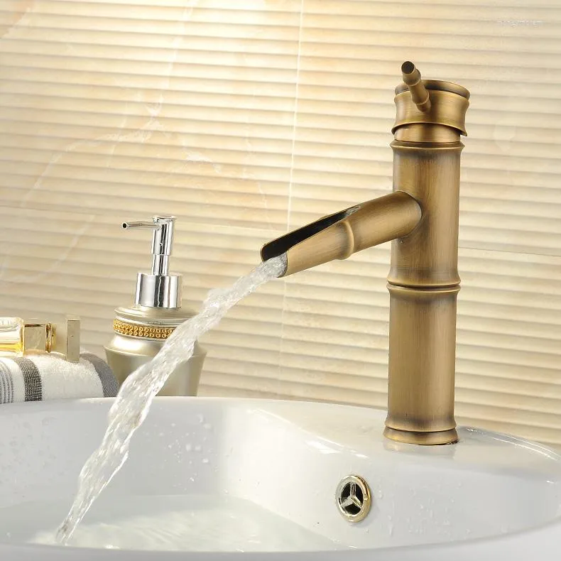 Bathroom Sink Faucets Antique Brass Finished Solid Bamboo Shape Vessel Faucet Basin Mixer