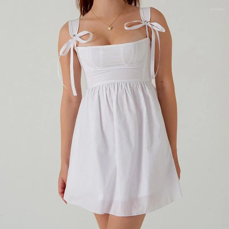 Casual Dresses Women's Stylish Camisole Mini Solid Slash Neck Straps High Waist Women A-Line Dress Summer 2023