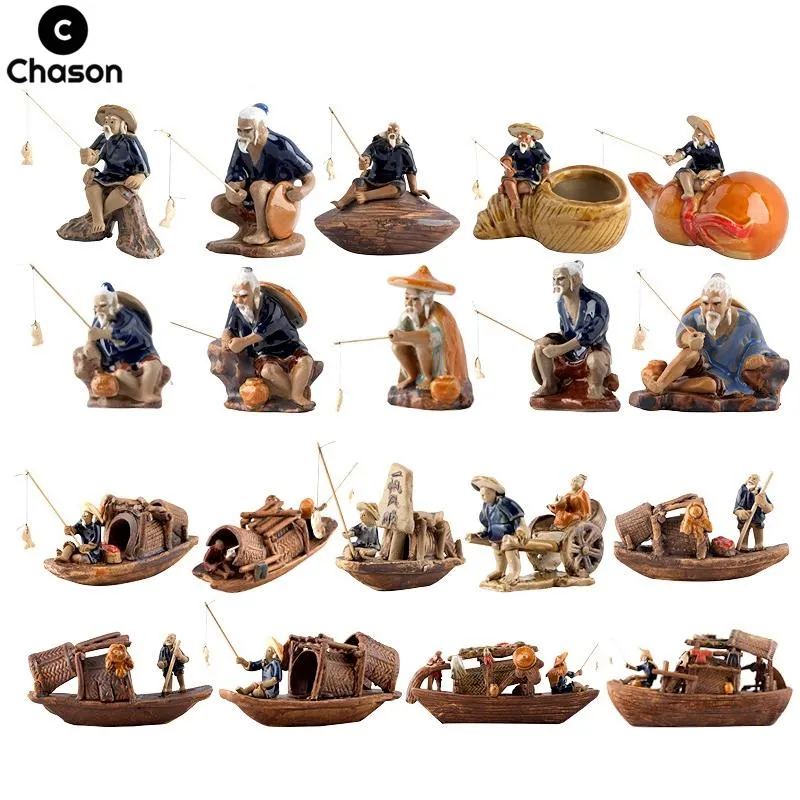 Akwaria Ceramika Fisherman Figurki łodzi do akwarium Lanscape Bonsai Rockery Ornament Dekoracja Wróżka Wekorda domu