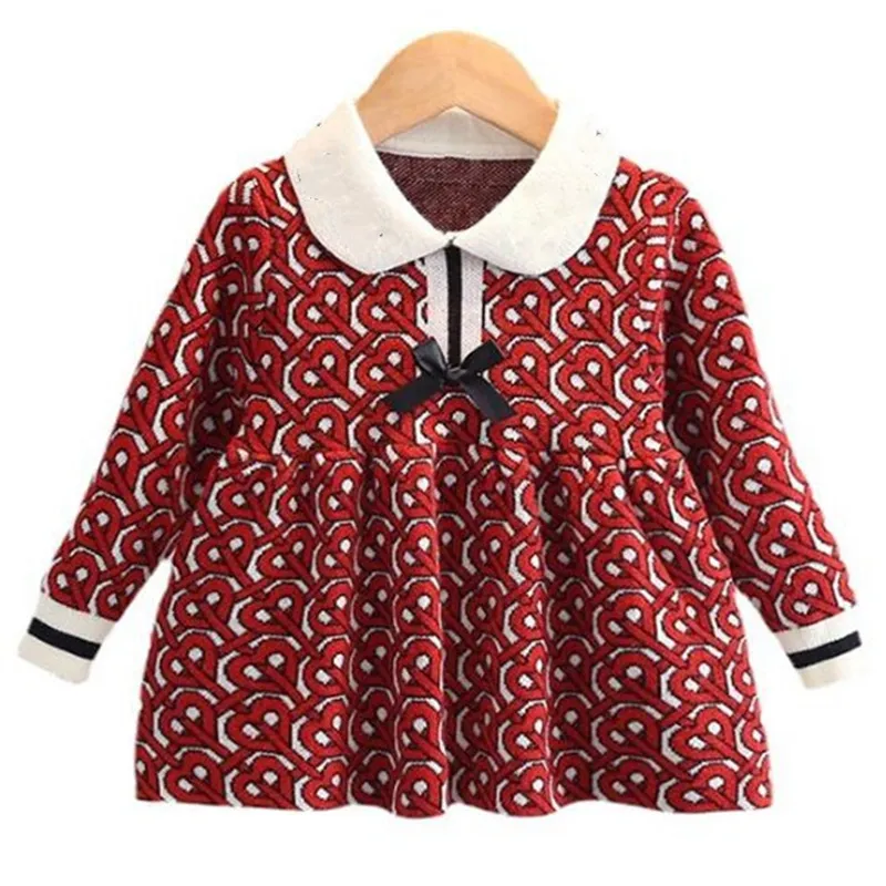 Spring Autumn Girls Sweater Dress Knitted Bowknot Princess Dresses Letters Printed Long Sleeve Kids Baby Coat Dress Designer Children Clothing