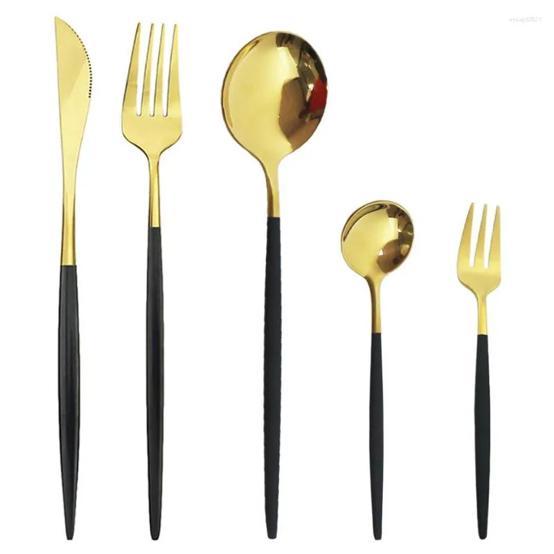 Dinnerware Sets Flatware Mirror Stainless Steel Tableware Silverware Set 5 Pcs Black Gold Cutlery Knife Fruit Cake Fork Tea Spoon