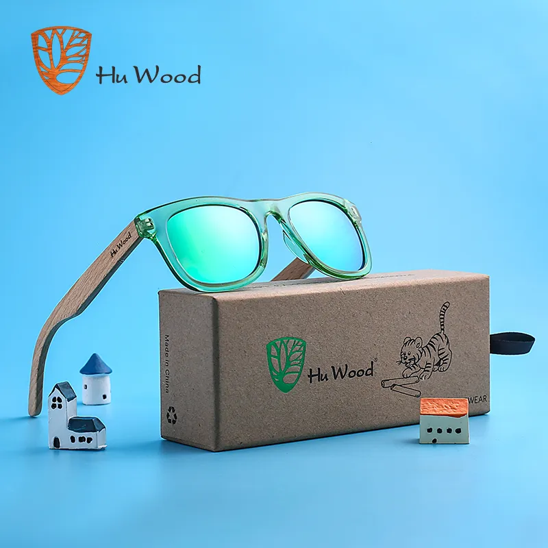 Hu Wood Kids مستقطب النظارات الشمسية للأولاد والبنات مع إطارات معاد تدويرها وذراع خشب الزان | من 4 إلى 8 سنوات