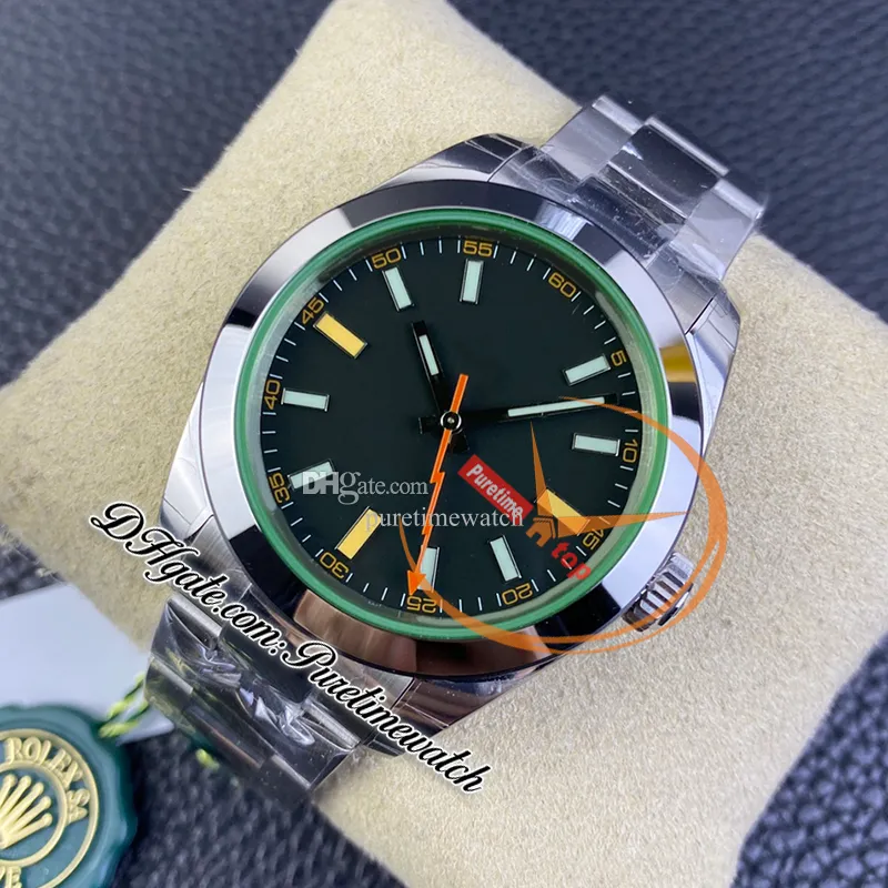 GSF 116400GV A3131 Automatic Mens Watch Green Superlume Polished Bezel Black Stick Dial OysterSteel Bracelet Super Edition Same Serial Card Reloj