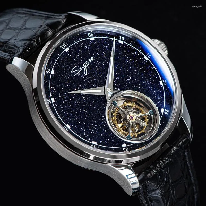 Wristwatches Seagull Movement Blue San Dial Tourbillon Mechanical Watch Men's Luminous Watrproof Fashion Elegant