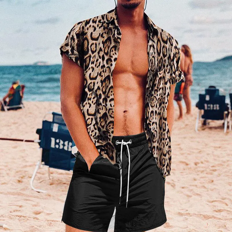 Fatos de treino masculinos verão conjuntos havaianos com estampa de leopardo camisa de manga curta praia shorts de botão de férias terno de duas peças cardigã de alta qualidade 230707