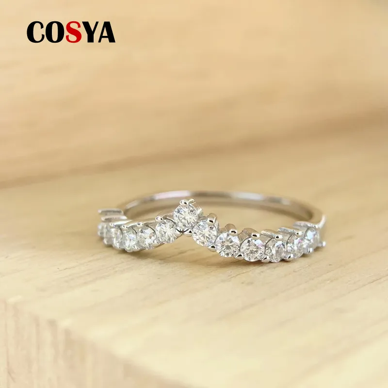 COSYA S925 Sterling Silver Full Moissanite Row Diamond Ring Second Rings V pour les femmes mariée mariage fête bijoux fins cadeau