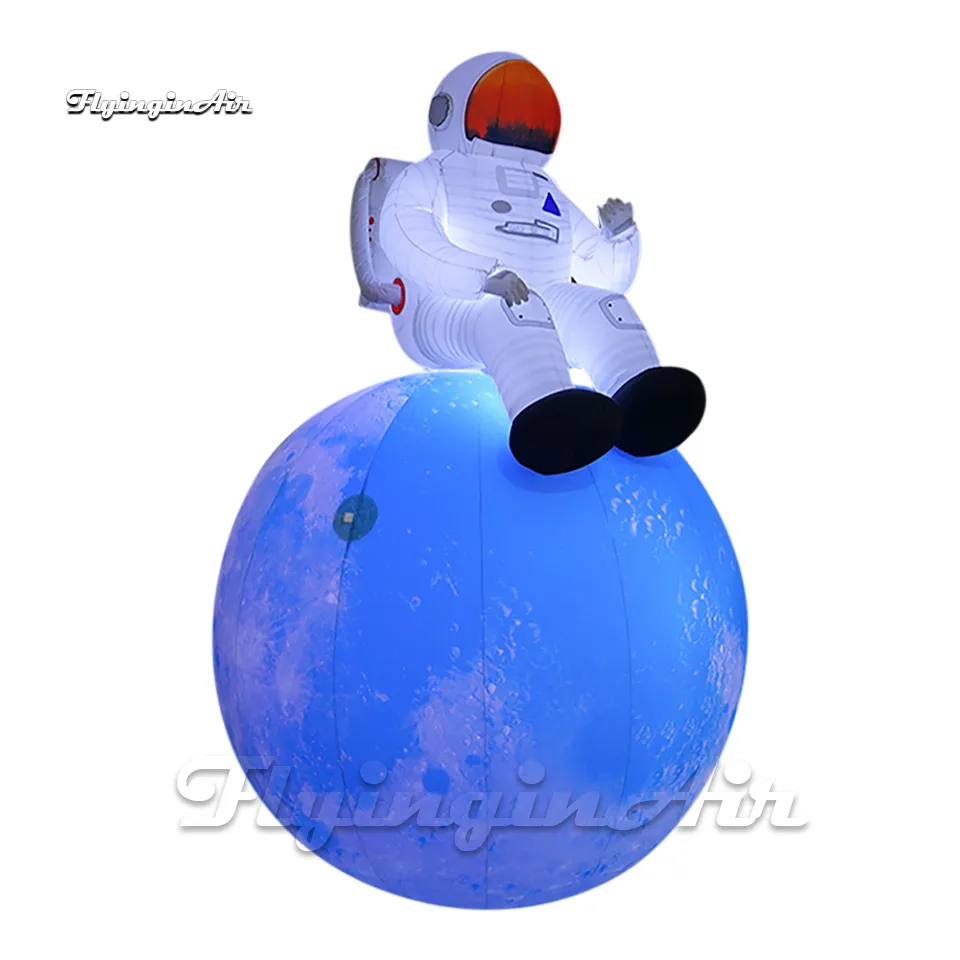 Fantastic Lighting Large Blue Inflatable Moon Planet Balloon With White Spaceman For Space Show