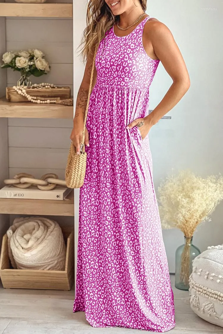 Abiti casual 2023 Summer Women Dress Flower Leopard Print O-Collo SERBATOIO Tasca senza maniche A-LINE Stile da spiaggia alla caviglia