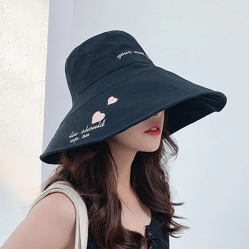 Berets Embroidery Foldable Bucket Hat For Women Girls Summer Sun Visor Fisherman Cap Ladies Wide Brim Sunscreen Hats Caps