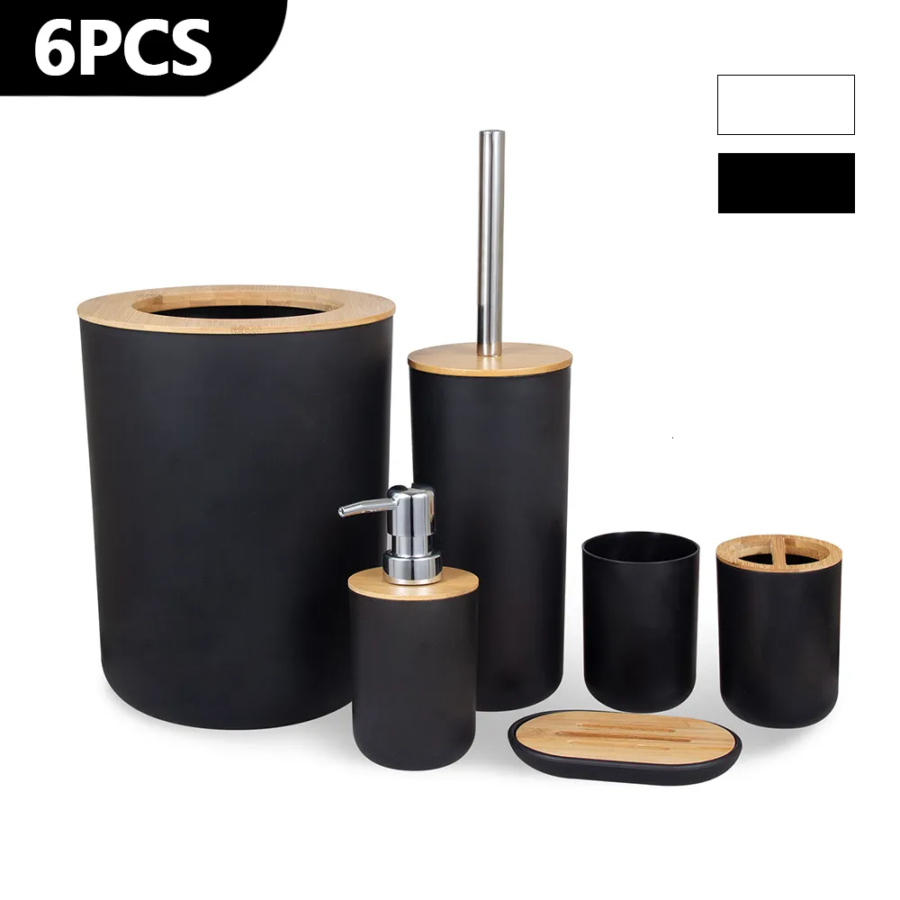 Suportes para escova de dentes Lixeira Garrafa de loção Conjunto de armazenamento para banheiro Conjunto de 6 peças Conjunto de dispensador de sabão de plástico de bambu Porta-copo Escova de vaso sanitário l230710