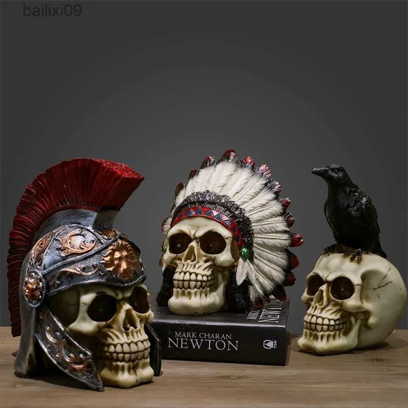 Decorative Objects Figurines Creative Vintage Resin Skull Statue Skeleton Props Sculpture Home Office Desk Decoration Ornament Halloween Decor Birthday Gift