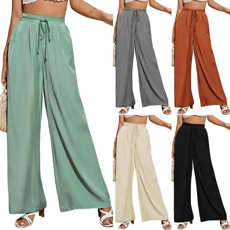 Pantaloni da donna europei americani estivi nuovi pantaloni a vita alta casual Capris solido elastico in vita pantaloni larghi larghi in pizzo