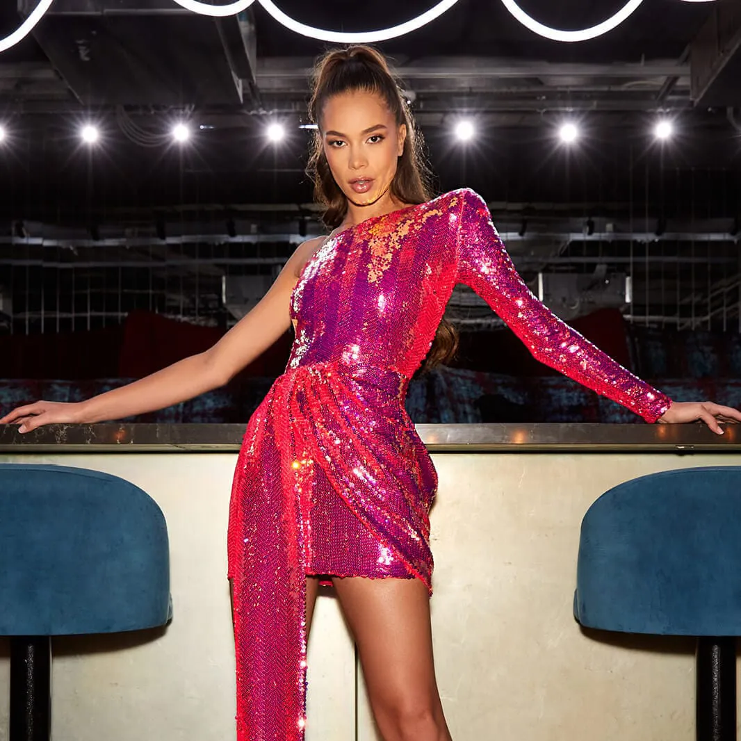 Zoctuo Blue Sequin Mini Dress One Shoulder Y2K Ribbon Zoctuo Blue Sequin Mini Dress One Shoulder Y2K Ribbon