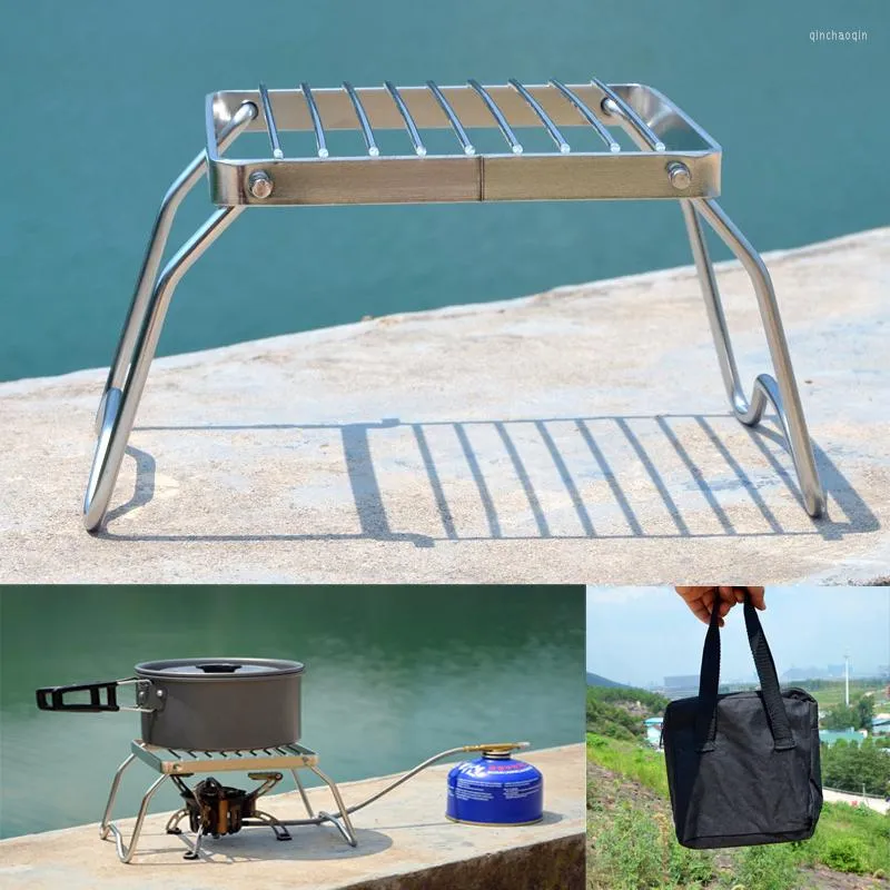 Meubles de camping extérieur Portable Mini pliant en acier inoxydable support de tête de poêle Barbecue support ensemble Pot gril plaque maille Table