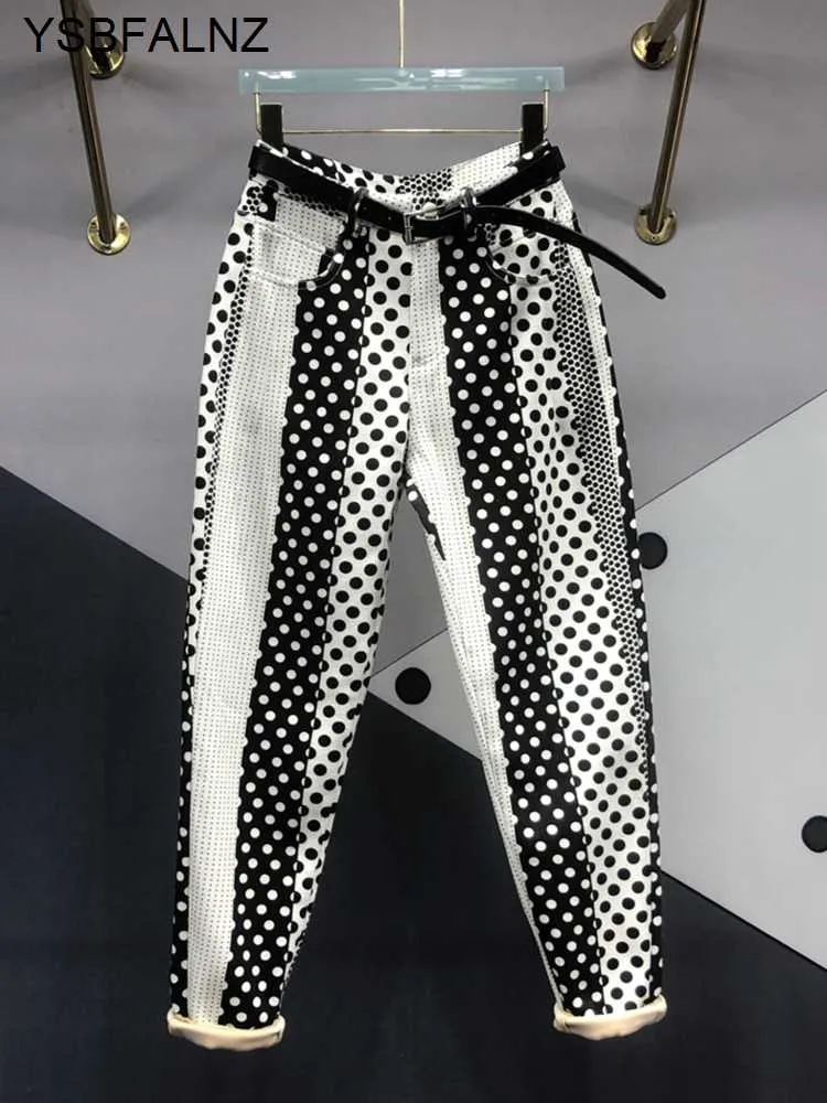 Harajuku Polka Dot Printing Färgning Jeansbyxor Kvinnor 2023 Vår Nytt Mode All-Match Lös bantning Skinny Jeans Haren