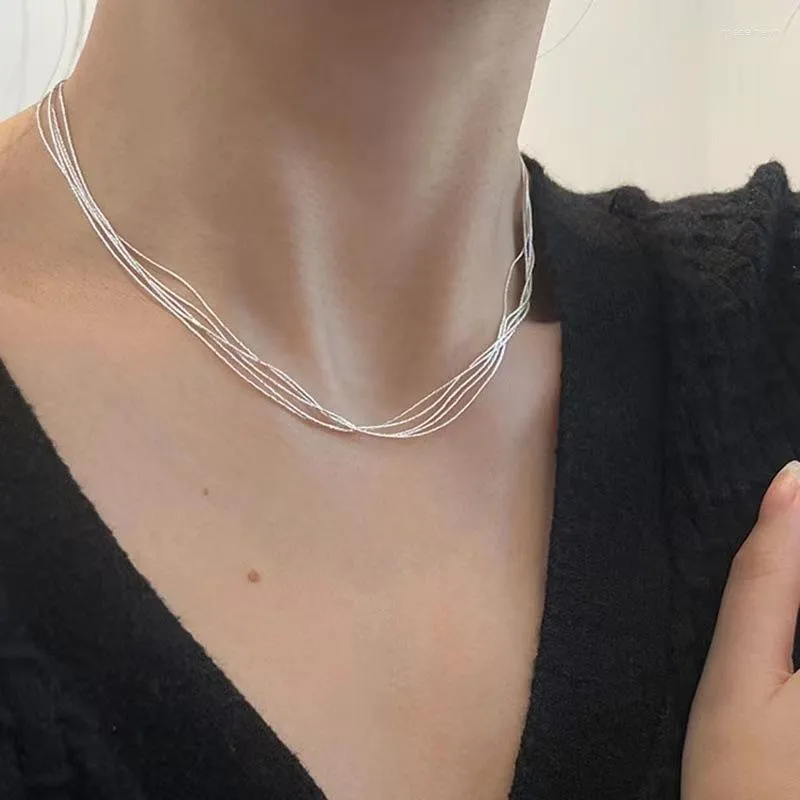 Kedjor 925 Sterling Silver Geometrisk Utsökt Enkel Multi Layer Chain Choker Halsband Kvinnor Fina Smycken Bröllopsfest Födelsedagspresent