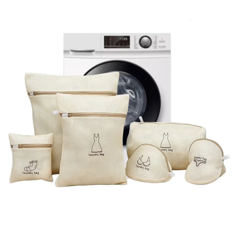 Laundry Bags 6 pcs set Beige Polyester Mesh Wash Bag Set Dirty Clothes Lingerie Bra for Washing Machine 230710