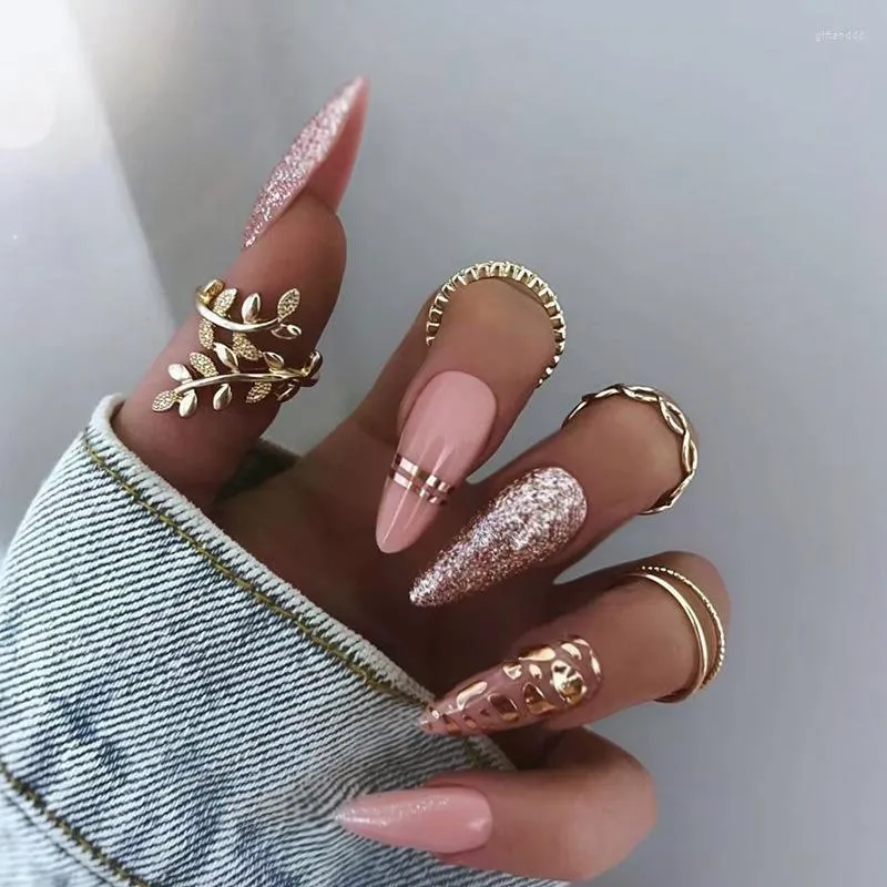 False Nails 3D Fake Long French Almond Tips Strobe Glitter Rose Gold Leopard DIY Manicure Faux Ongles Press On Acrylic Nail Set
