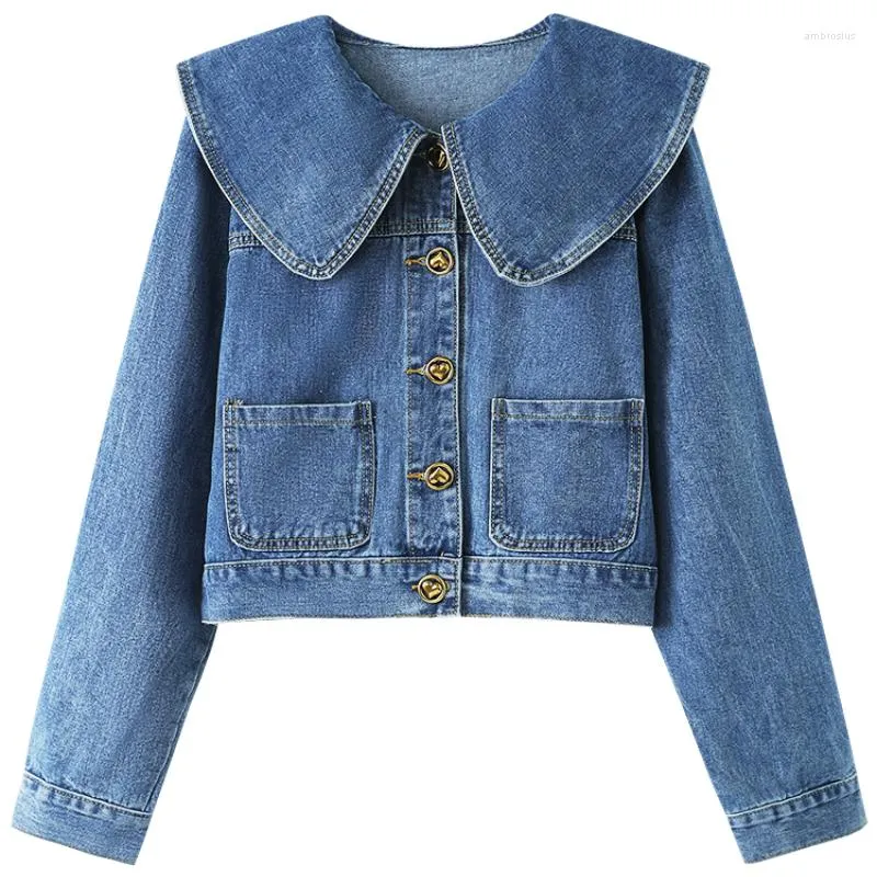 Jaquetas femininas primavera e outono jaqueta jeans moda manga comprida gola boneca bolso top coreano botão casual casaco solto 2023