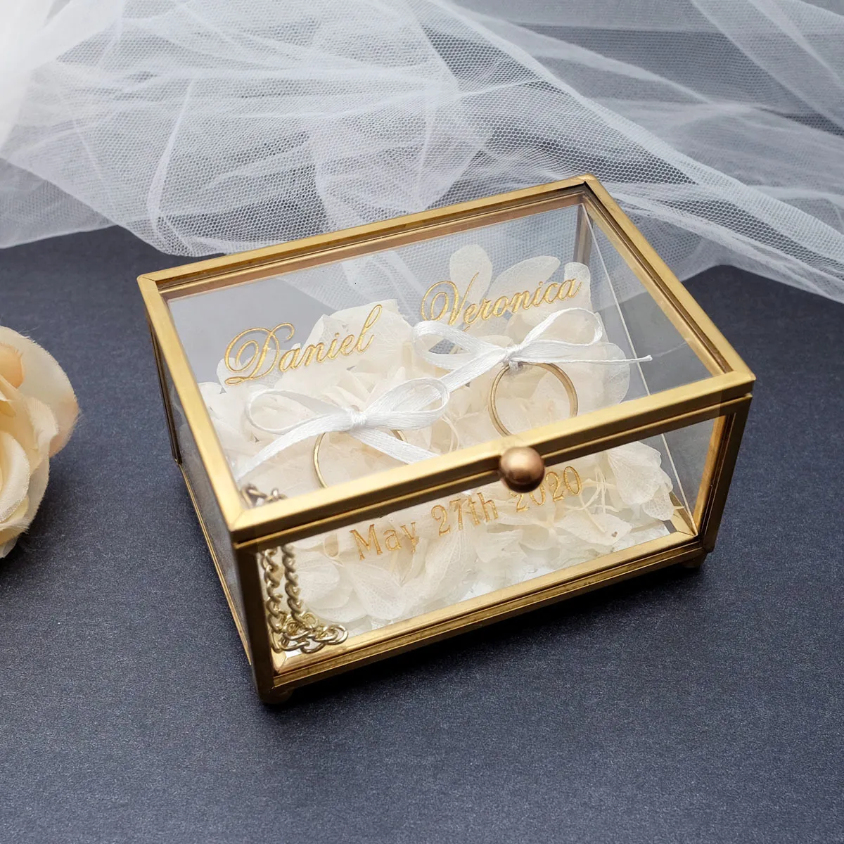 Packaging Boxes Personalized Wedding Ring Box Custom Glass Ring Holder Jewelry Organizer Box Customized Names and Date for Engagement Marriage 230710