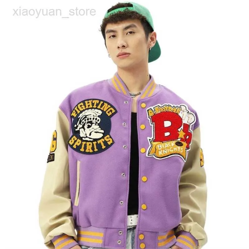 Kurtki męskie American Unisex Baseball Uniform Hip Hop Patchwork Vintabe Varsity Jacket Men Streetwear Bomber Oversize Kobiety Haft Fioletowy HKD230710