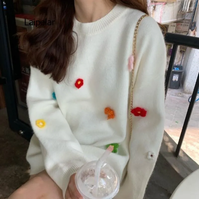 Women's Hoodies Women Preppy Style Flower Knitted Sweater Loose Round Neck Pullover Kawaii Print Chunky