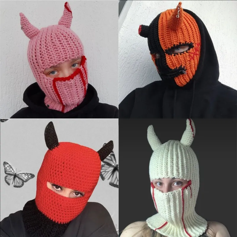 Halloween cosplay casquettes masques cornes drôles chapeau tricoté hiver garder au chaud couverture intégrale masque de ski coupe-vent cagoule bonnets pour le sport en plein air lo033 C23