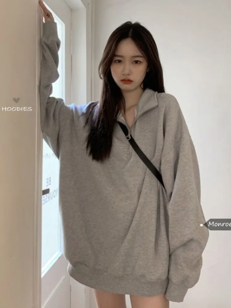 Sweats à capuche pour femmes Sweats Deeptown Mode coréenne Gris Surdimensionné Femmes Harajuku Zip Up Hoodie Vintage Loose Casual Polo Col Pull Tops 230710