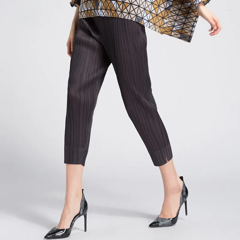 Miyake Pleated Cropped Tapered Pants Women Slim Fit Office