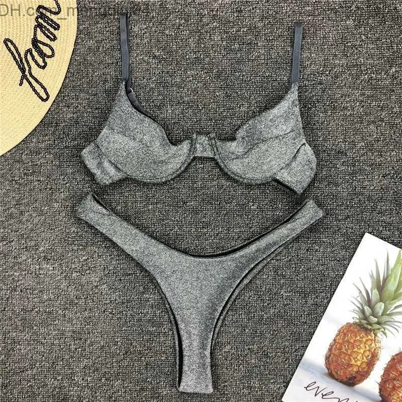 Stroje kąpielowe damskie stroje kąpielowe Moda Lato Kobiety Sexy Usztywniany Biustonosz Push Up Fiszbiny Shinny Zestawy Bikini Strój Kąpielowy Push-up Sliver Bikini Set Z230711